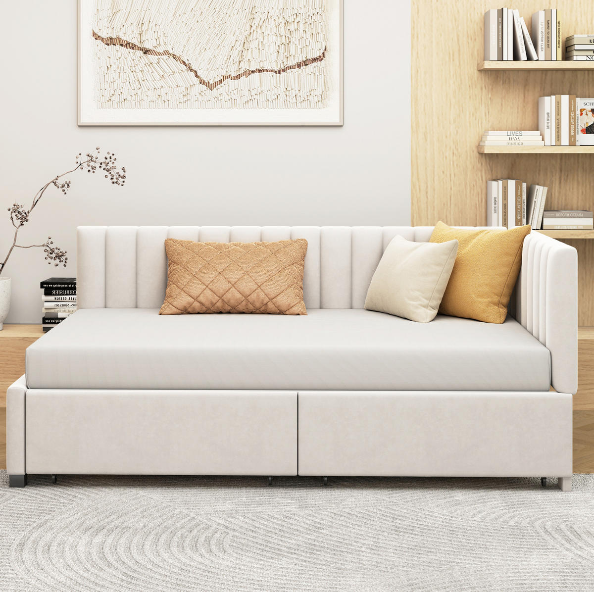 MULTIFUNKTIONSBETT 90/200 Beige mit Stauraum und Lattenrost aus Samt - Beige, Leder (90/200cm) - OKWISH