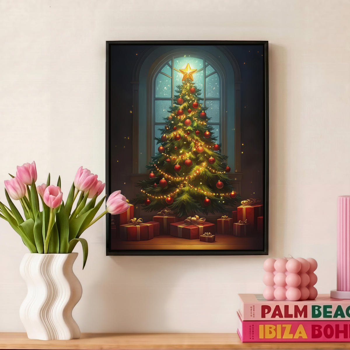 LEINWAND Bilder mit Rahmen - Weihnachtsbaum - Geschenk - Winter - 30x40 - Grün, Textil (30/40cm) - MuchoWow