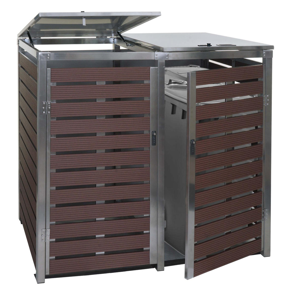 MÜLLTONNENBOX XL 2er/4er HxBxT 117x144x102cm Walnuss-Holzoptik WPC Edelstahl 88kg - Braun, Metall (144/117/102cm) - PROREGAL