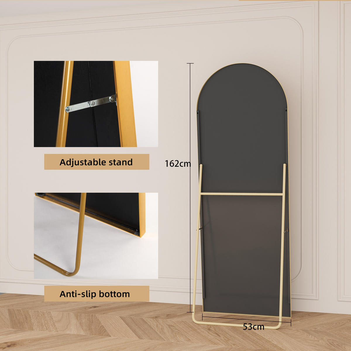 STANDSPIEGEL Bogen 162x53 cm Metallrahmen gold - Goldfarben, Holz (53/162/3cm) - LEBENLANG
