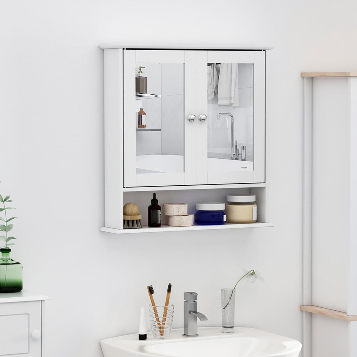 SPIEGELSCHRANK mit Türen und verstellbaren Einlegeböden, 56 x 13 x 58 cm ,Weiß - Weiß, Glas (56/58/13cm) - Vallsero
