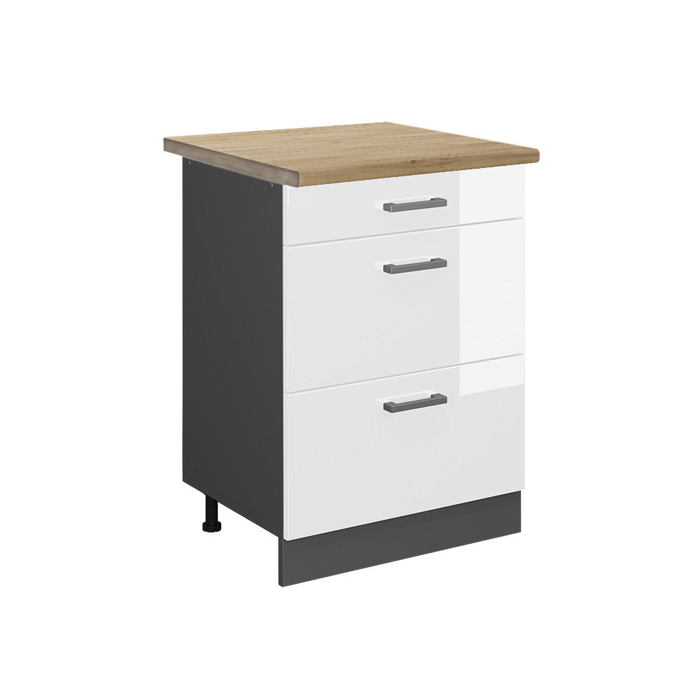 KÜCHENUNTERSCHRANK R-Line Weiß Hochglanz 60 cm mit Schubladen AP Eiche - Weiß Hochglanz/Anthrazit, Holzwerkstoff (60/81.6/60cm) - Vicco