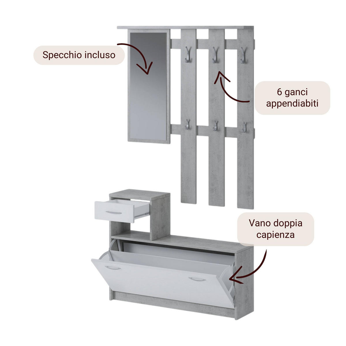 GARDEROBE Holz-Effekt Zement, Weiß 25x100h180 - Weiß/Grau, Holzwerkstoff (100/190/25.5cm) - DMORA