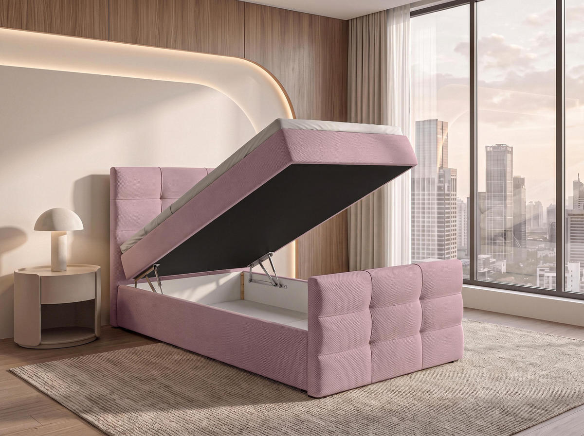 BOXBETT DEFNE 100x200 cm mit Fußteil und Matratze - Rosa + TOPPER - Schwarz/Rosa, Holz/Holzwerkstoff (100/200cm) - AX Living