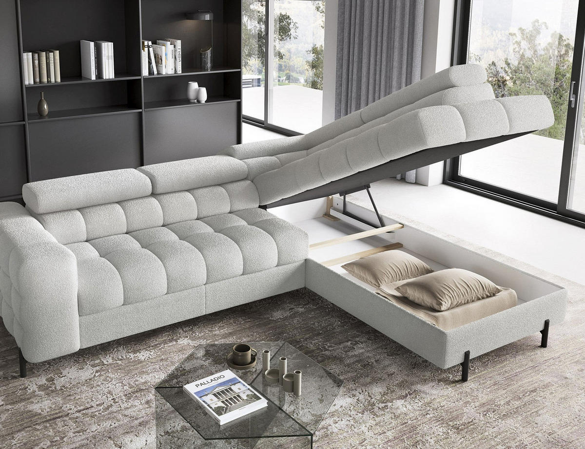 WOHNLANDSCHAFT FERUCCE Ecksofa L-Form – Polsterecke mit Schlaffunktion, Bettkasten & verstellbaren Kopfstützen 276 cm - Hellgrau, Kunststoff (276/200cm) - Wohnideebilder