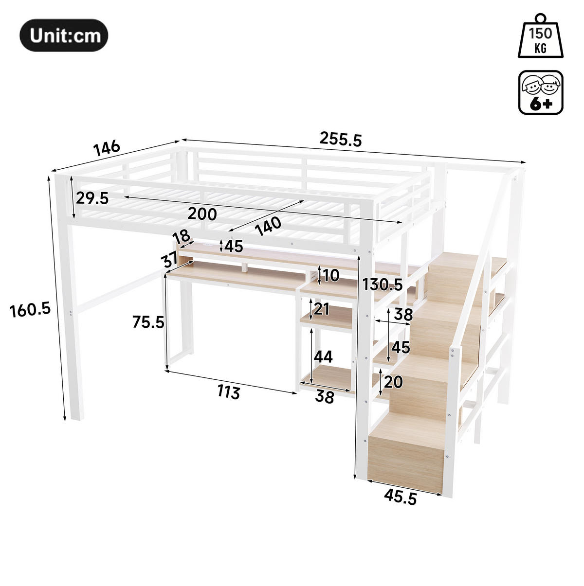 HOCHBETT MDF Metall 140x200 cm Weiß mit Leiterschrank, USB + Typ-C und LED-Lichtleiste - Weiß, Holzwerkstoff (140/200cm) - Modfu
