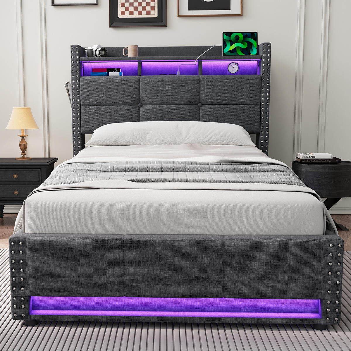 POLSTERBETT 90/200 cm dunkelgrau aus Leinenstoff mit hydraulischem Stauraumkopfteil LED und USB-Ladefunktion - Dunkelgrau, Textil (90/200cm) - OKWISH