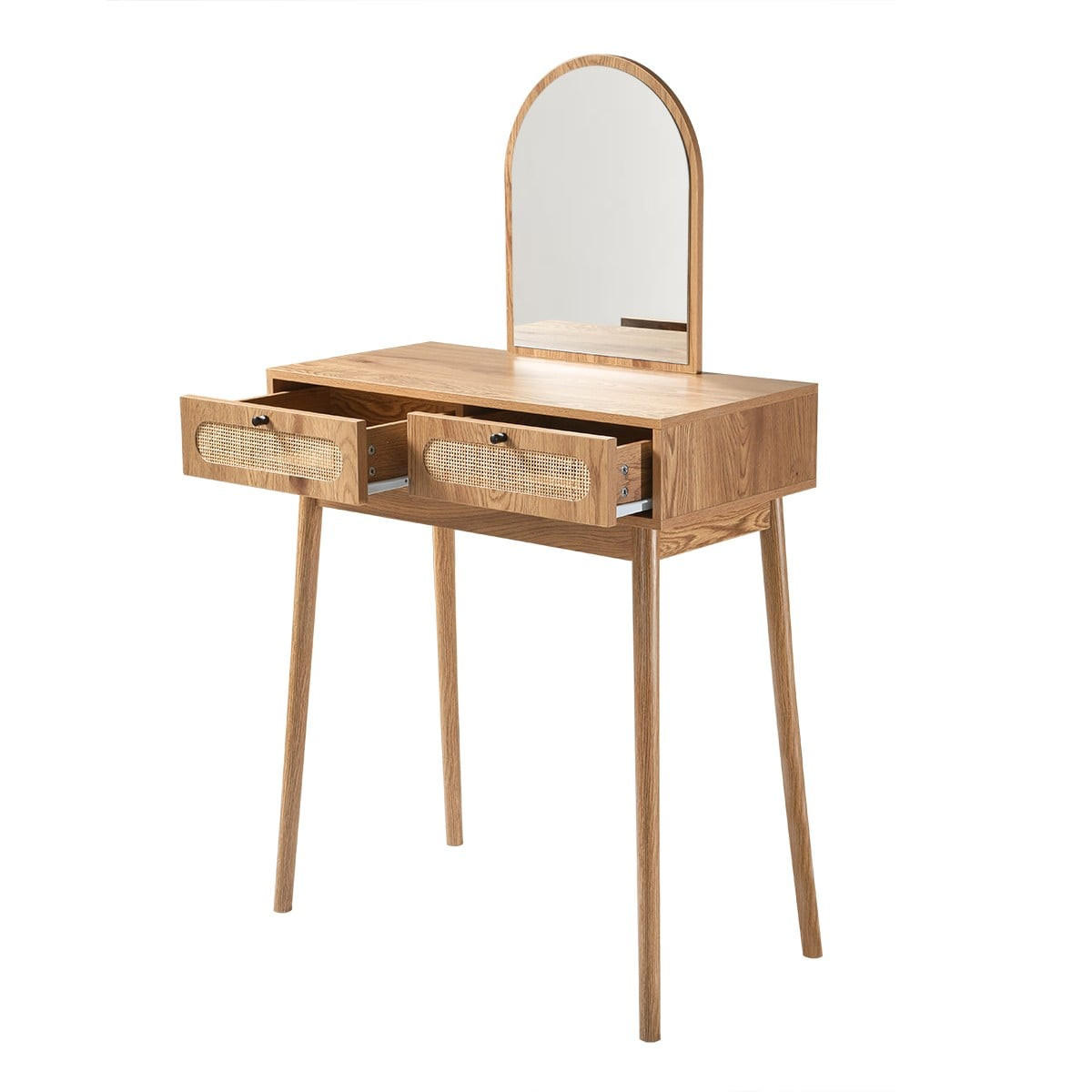 SCHMONKTISCH mit Spiegel und 2 Schubladen Rattanfronten 80/39/140 cm - Eschefarben, Holzwerkstoff (39/140/45cm) - Calicosy