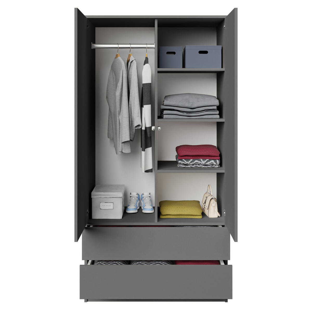 DREHTÜRENSCHRANK Look mit 2 Türen und Schubladen, 90 cm, graphitfarben - Graphitfarben, Holzwerkstoff (90/180/50cm) - Beautysofa