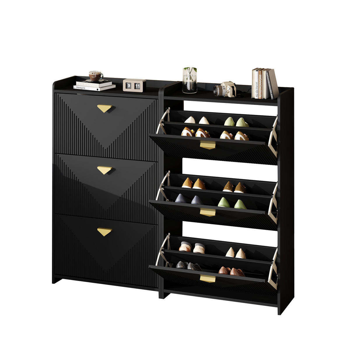 SCHUHSCHRANK aus MDF 140x30x120cm in Schwarz mit 3 Klapptüren - Schwarz, Holzwerkstoff (140/120/30cm) - Modfu