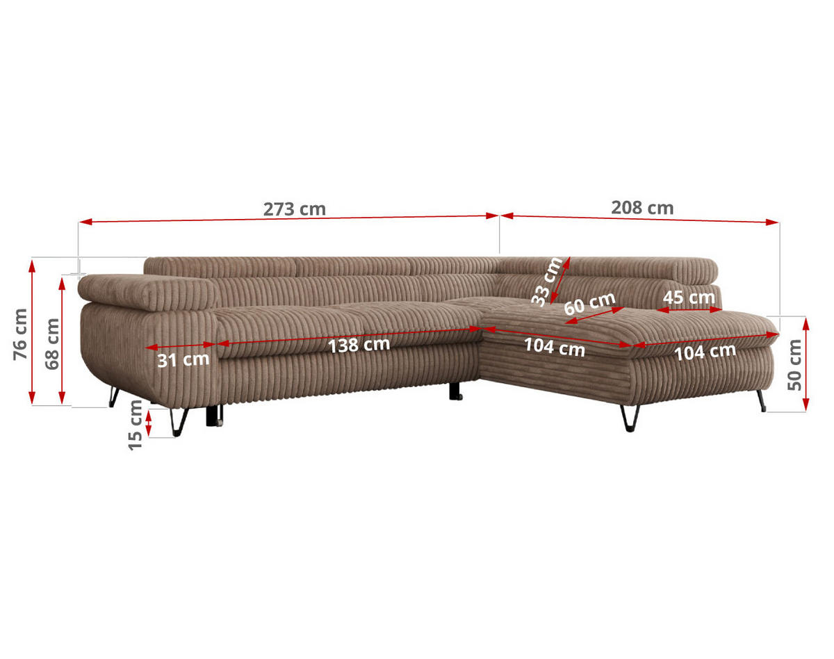 ECKSOFA PETER L Braun Cord - Links Seite - Schwarz/Braun, Textil/Metall (208/273cm) - MKS