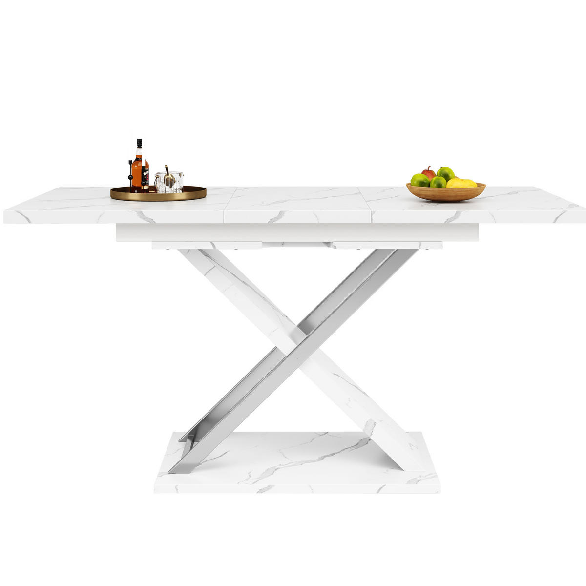 ESSTISCH 118-157x75x76 cm in Weiß aus MDF mit Marmoroptik auf Kreuzgestell ausziehbar - Weiß, Holzwerkstoff (157/75/76.4cm) - Modfu