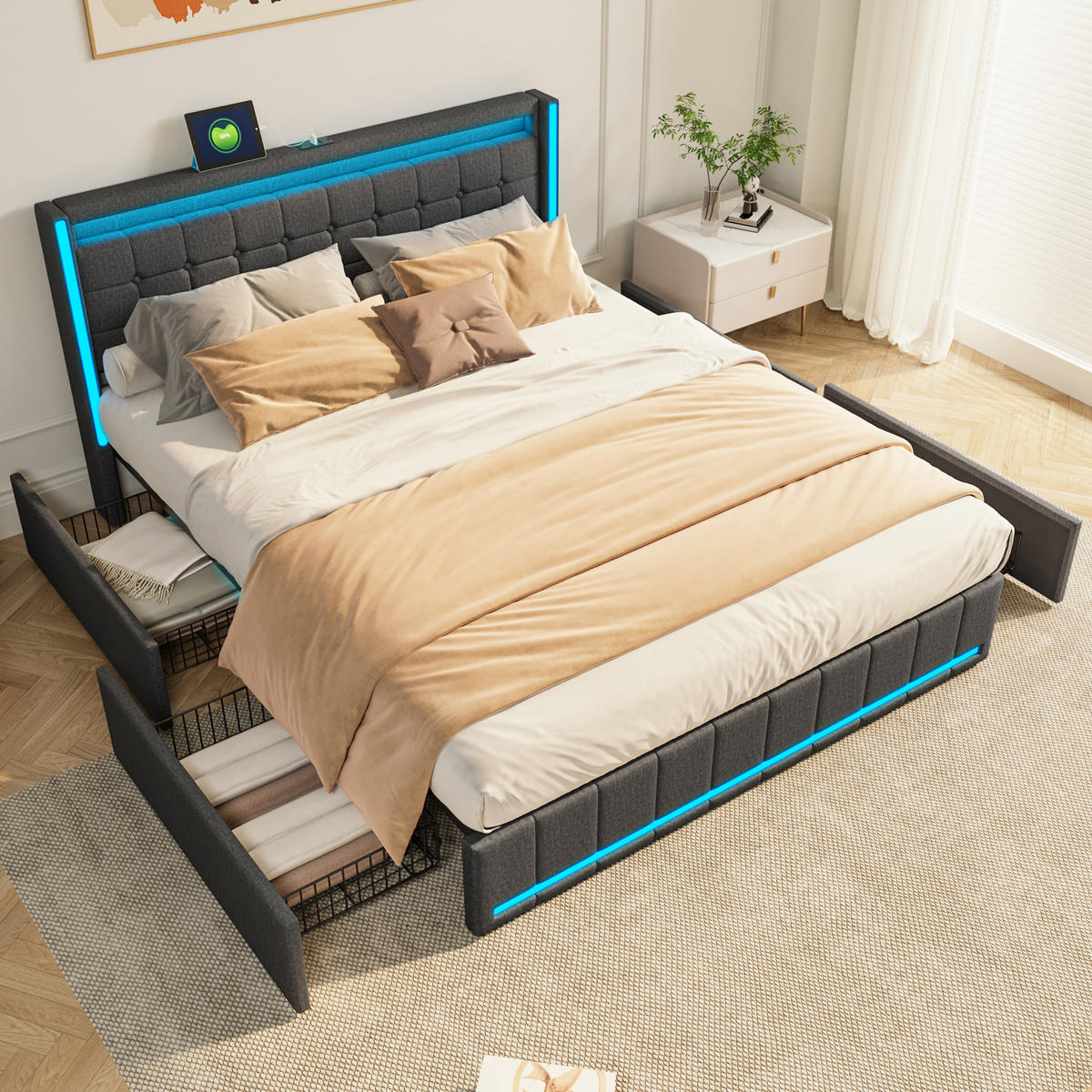 POLSTERBETT 180x200 cm, doppelbett, mit 4 Aufbewahrungsschubladen, LED-Licht und USB-Anschluss, Leinenstoff, grau - Grau, Holz/Textil (180/200cm) - BRILVERDE