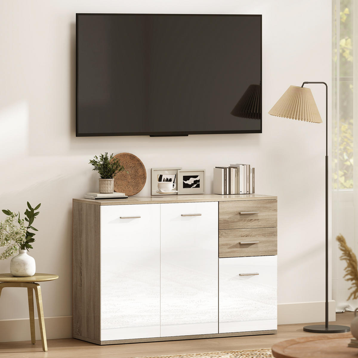 SIDEBOARD DE-11278 2 Schubladen, 3 Türen Weiß/Naturholz - Naturfarben, Holzwerkstoff (106/76/35cm) - ComfortXL