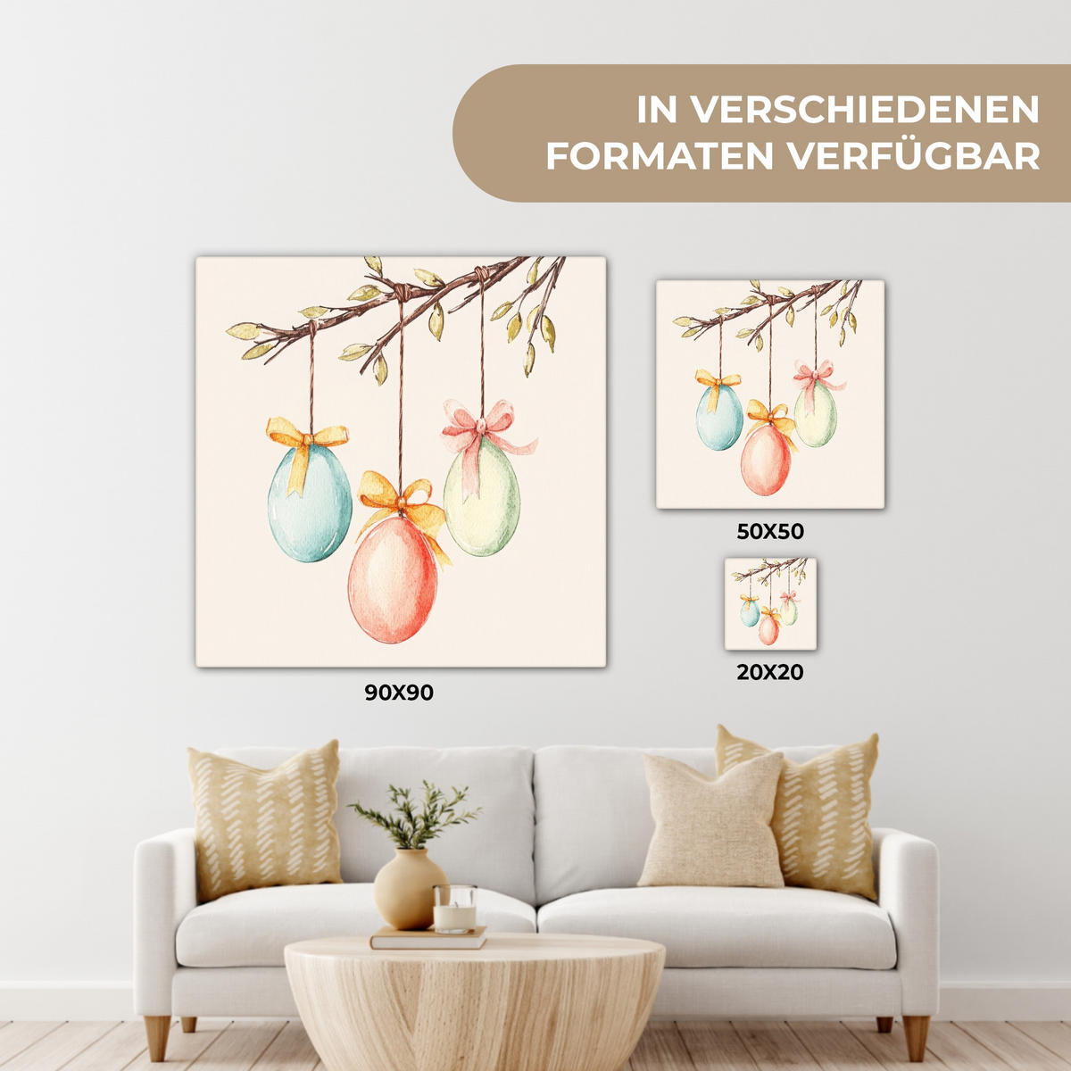 LEINWANDBILD Osterkuchen - Schleife - Eier Deko Groß 90x90 cm - Creme, Textil (90/90cm) - MuchoWow