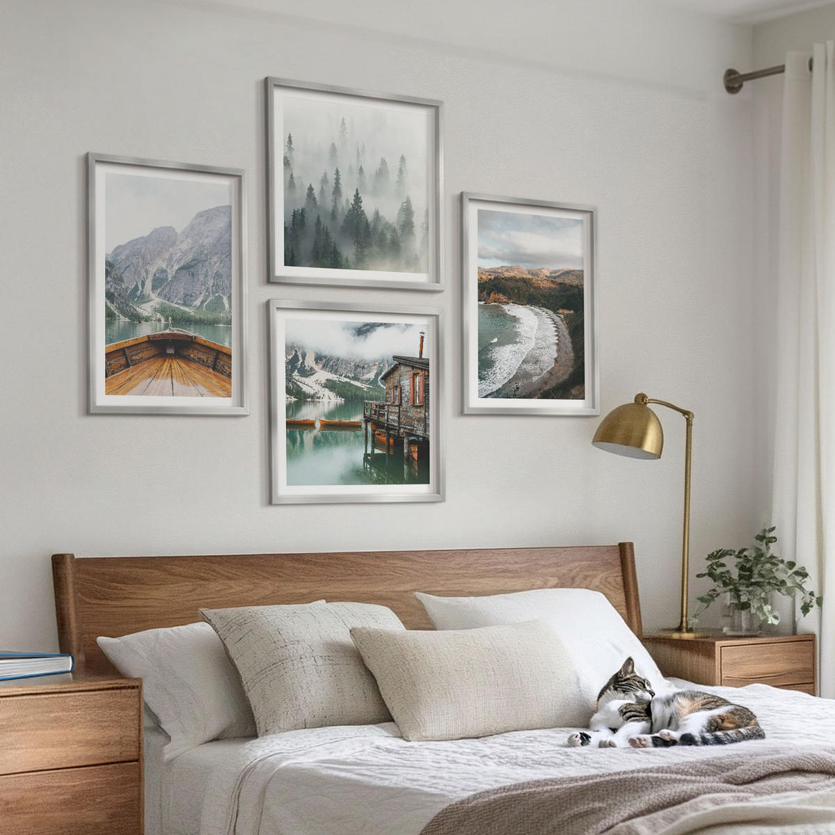 BILDER SET 4er Set - 50x50 cm & 40x60 cm Silberner Rahmen - Berge, See, Boot, Nebel, Strand - Silberfarben, Kunststoff (50/50cm) - TULUP
