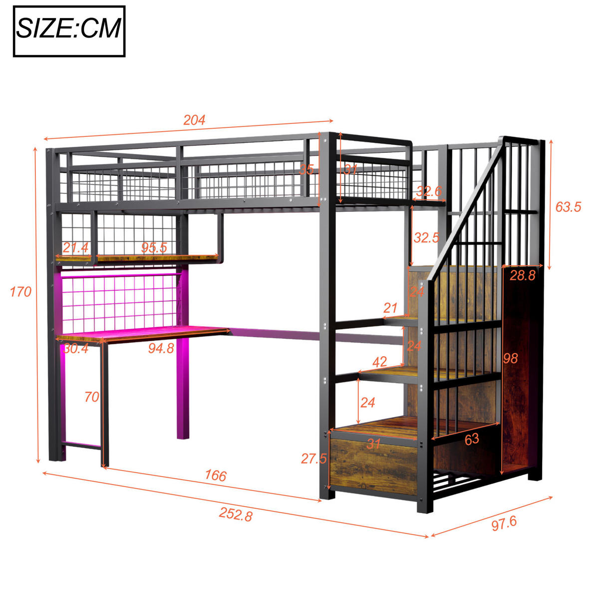 HOCHBETT 90/200 cm Schwarz mit Lichtleiste und Stauraumleiter - Schwarz, Metall (90/200cm) - OKWISH