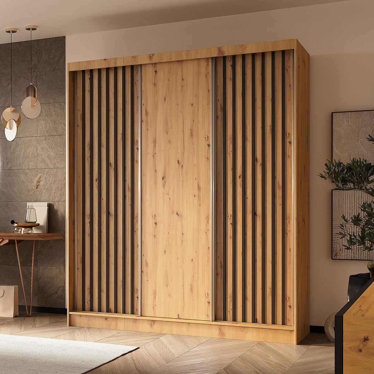 SCHWEBETÜRENSCHRANK LAMELLO 180/216/61 cm 3-türig Eiche Artisan - Eiche Artisan, Holzwerkstoff (180/216/61cm) - MASSENO