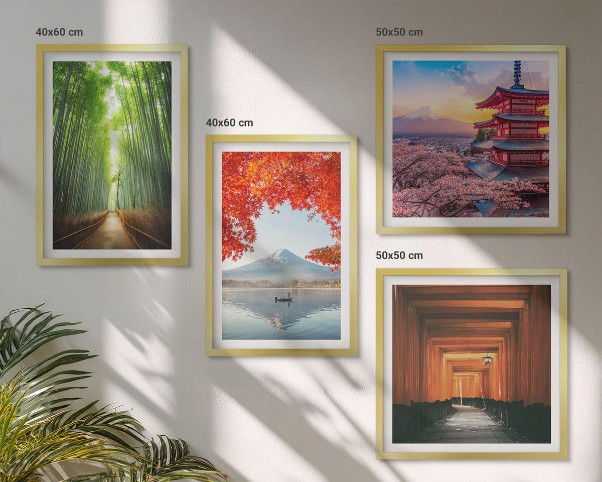 BILDER SET 4er Set - 50x50 cm & 40x60 cm Goldrahmen - Fuji-Torii-Bambuswald, Japan - Goldfarben, Kunststoff (50/50cm) - TULUP