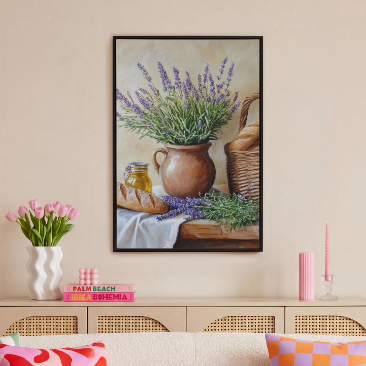 LEINWAND Bilder mit Rahmen - Lavendel - Brot - Stilleben - 60x90 - Flieder, Textil (60/90cm) - MuchoWow