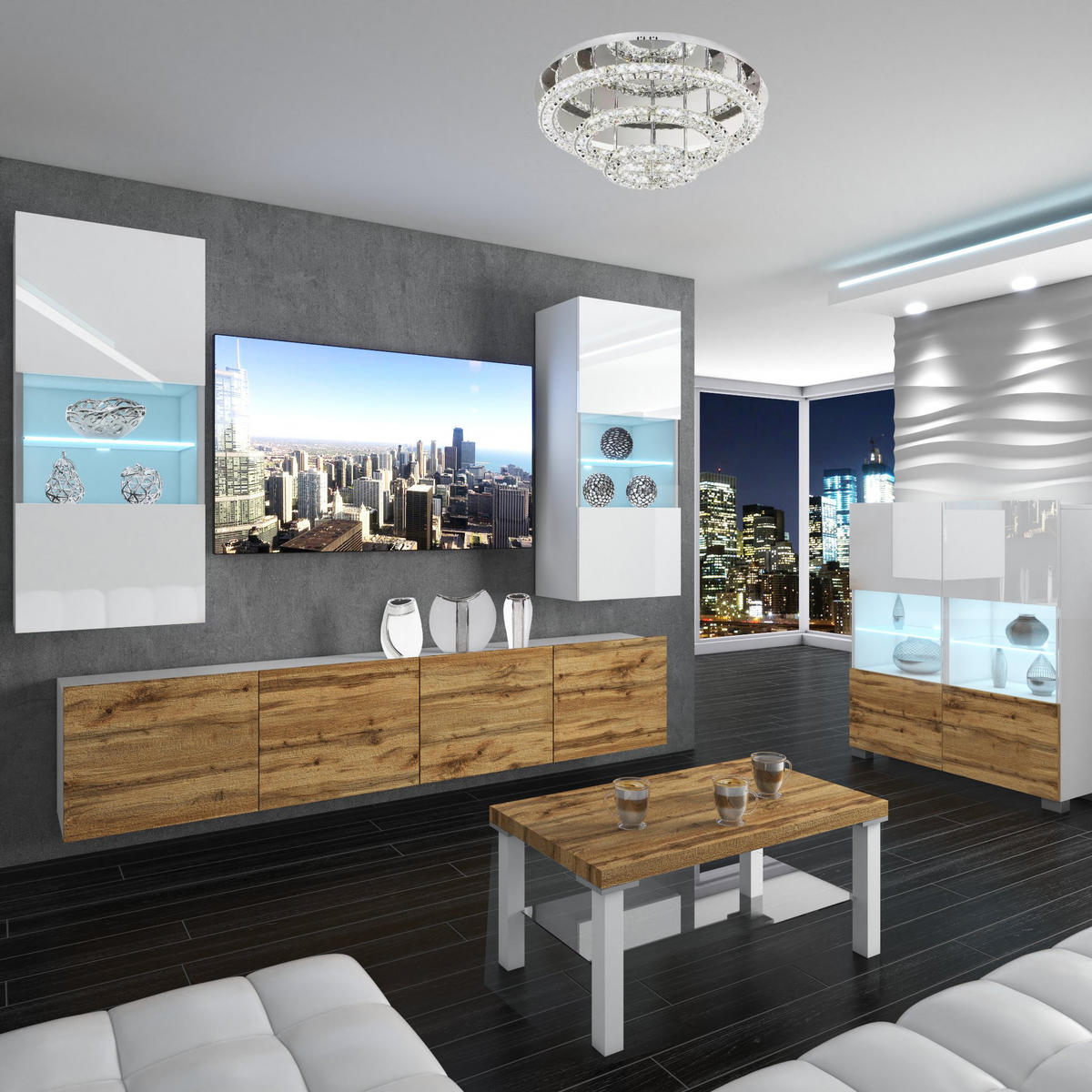 WOHNZIMMERWAND mit LED-Beleuchtung TV-Schrank Weiß/Wotan - Eiche Wotan/Weiß, Holz (300/180/36cm) - B BELINI GROUP
