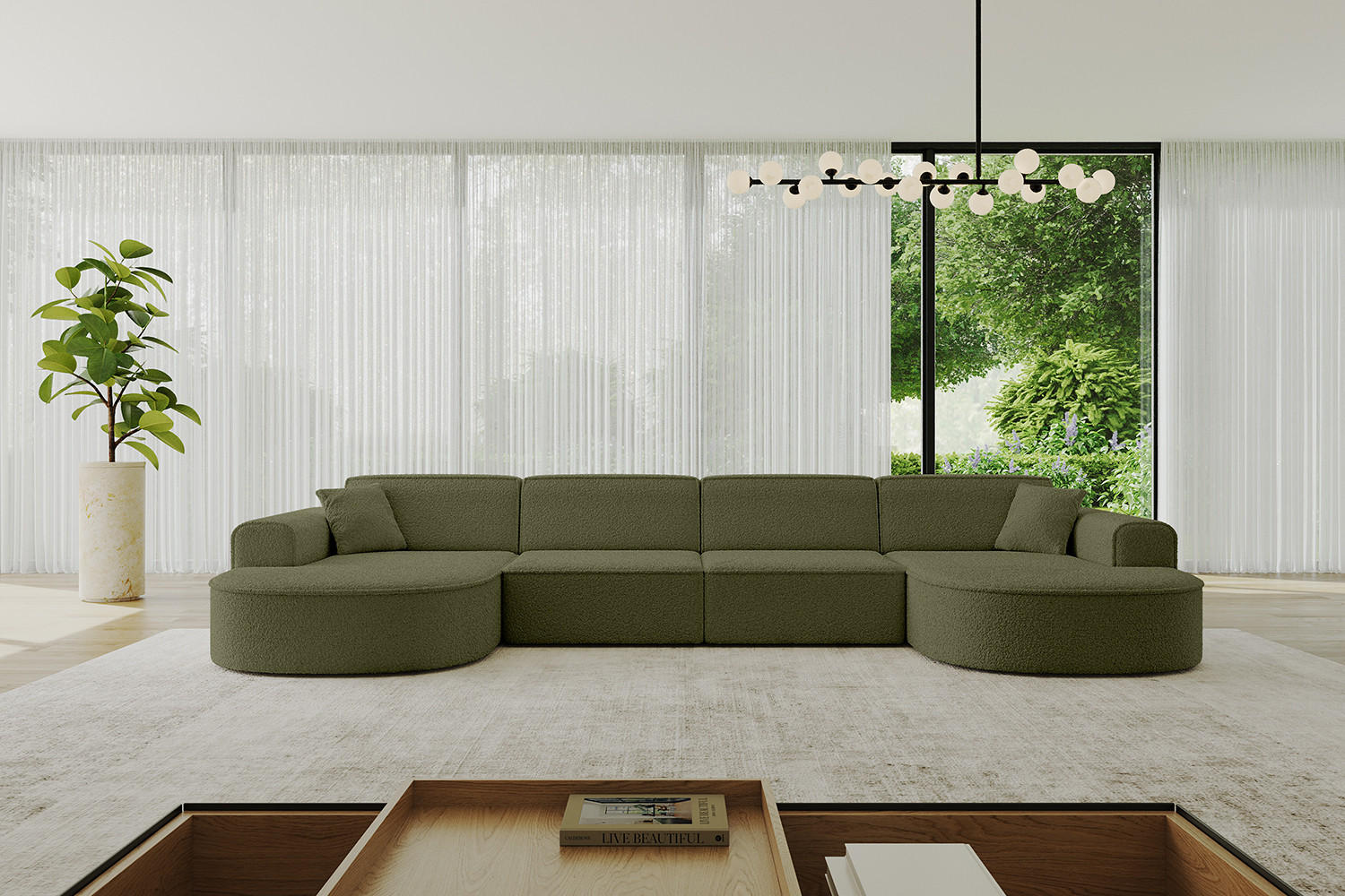 WOHNLANDSCHAFT MARI-U2 - 380x163x73,5 cm Grün Bouclé - Schwarz/Grün, Holzwerkstoff/Kunststoff (380/73.5/163cm) - ALTDECOR
