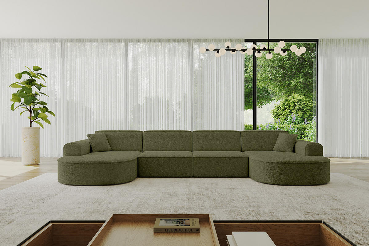 WOHNLANDSCHAFT MARI-U2 - 380x163x73,5 cm Grün Bouclé - Schwarz/Grün, Holzwerkstoff/Kunststoff (380/73.5/163cm) - ALTDECOR
