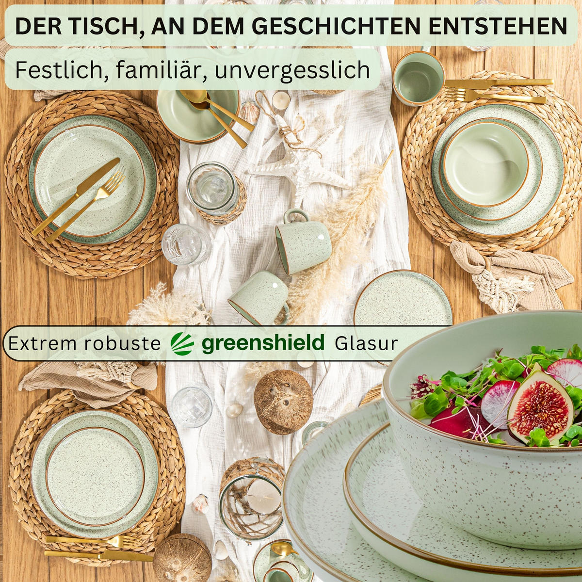 TAFELSERVICE RIO MINZE - 36 teilig aus Steingut 12 Personen - Mintgrün, Stein (50/30/80cm) - Sänger