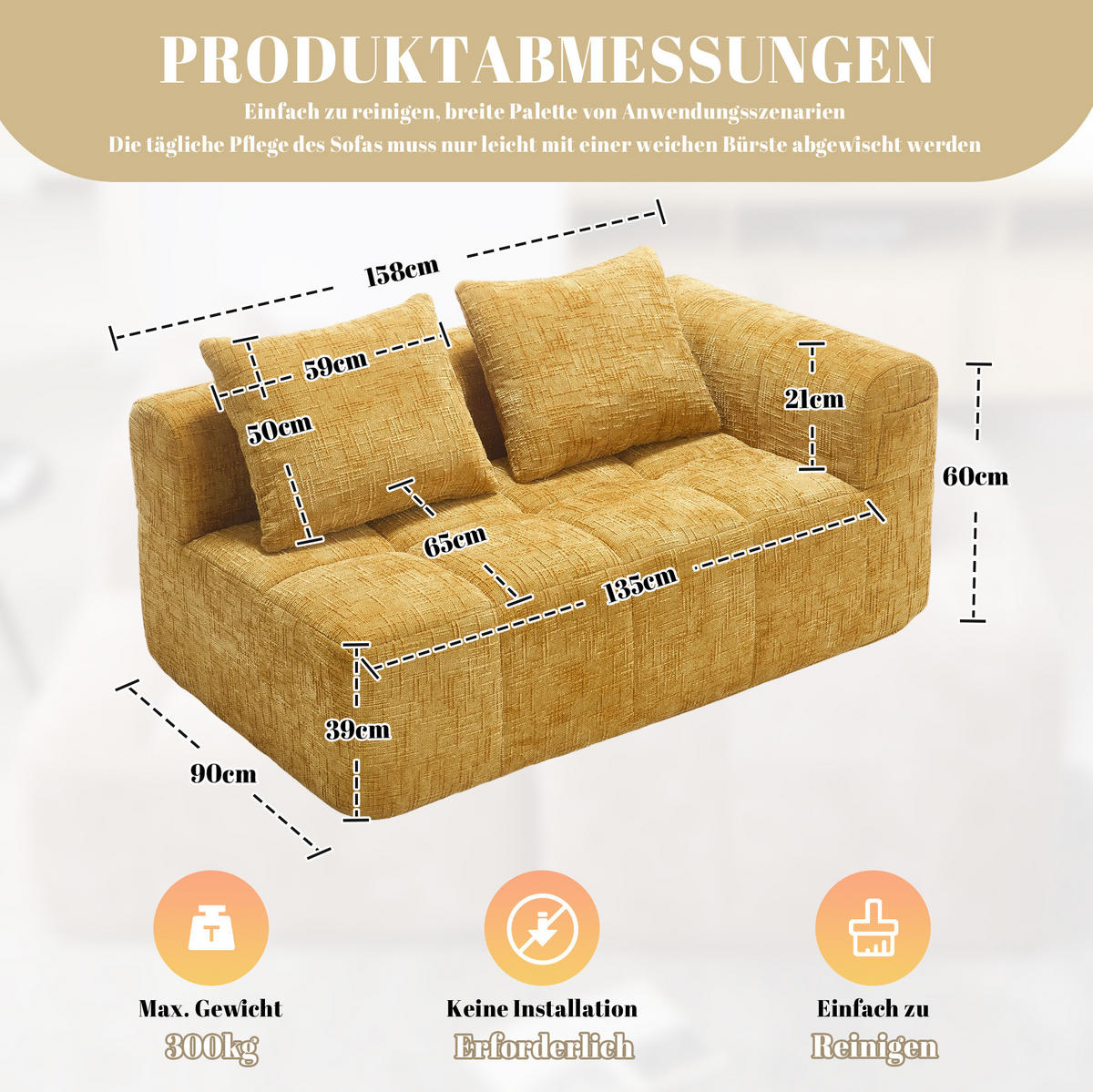 SOFA od chenille tkanine, 158/90/60 cm žuta, s bočnim džepovima - žuta, tekstil (60/160/90cm) - BEAOK