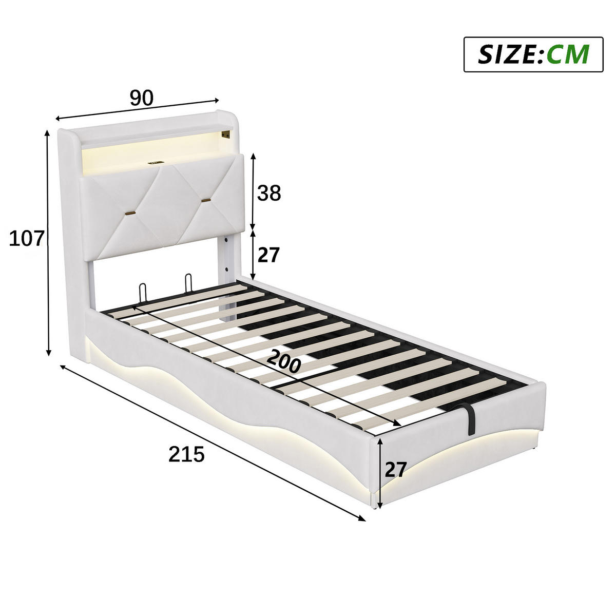 POLSTERBETT 90 x 200, Einzelbett mit Bettkasten und Lattenrost, LED, USB, Samt, beige - Beige, Holzwerkstoff/Textil (90/200cm) - GENKI LIVING
