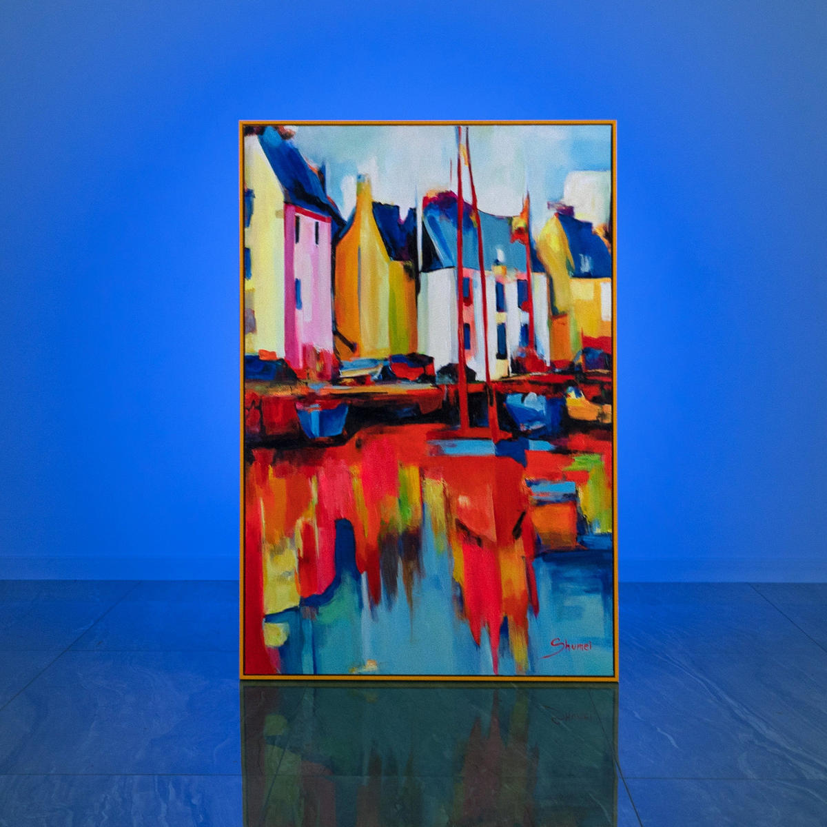 GEMÄLDE Yachten und Hafen Schattenfugenrahmen Gelb 120x80 cm - Gelb, Holz (120/80cm) - YS-art gallery
