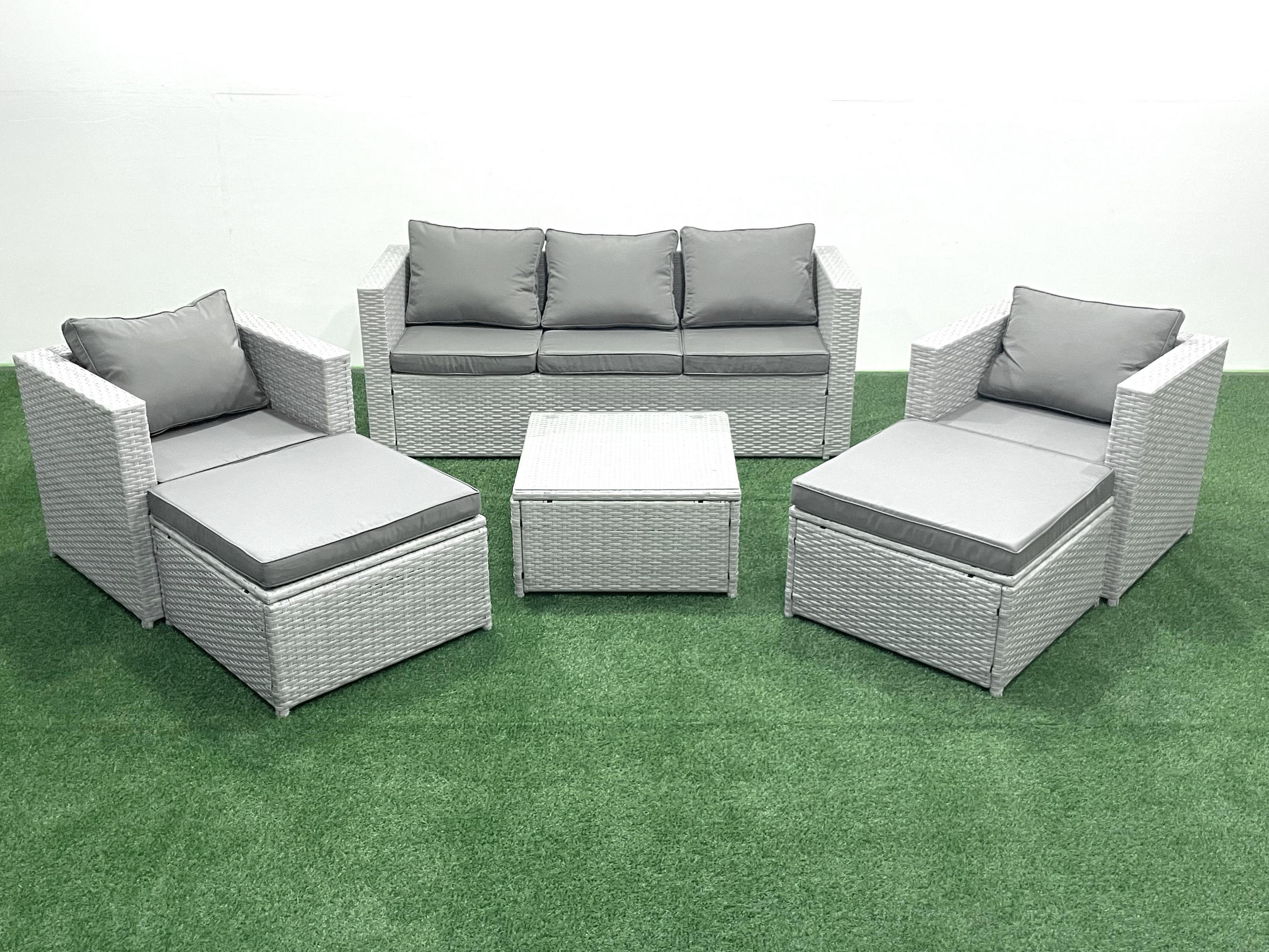 GARTENMÖBEL-SET mit Kissen Polyrattan Hellgrau-Mix 7-Sitzer - Hellgrau/Grau, Glas/Kunststoff - Fimous