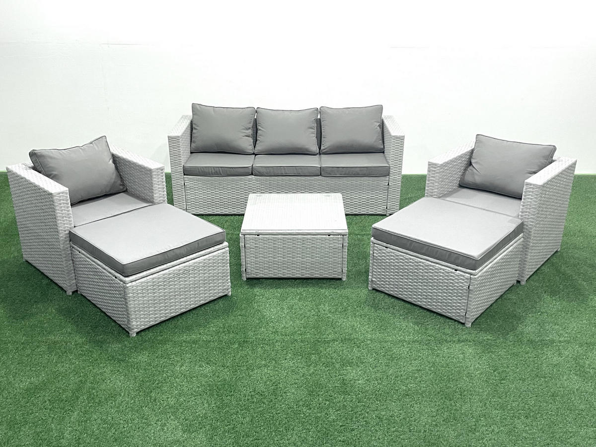 GARTENMÖBEL-SET mit Kissen Polyrattan Hellgrau-Mix 7-Sitzer - Hellgrau/Grau, Glas/Kunststoff - Fimous