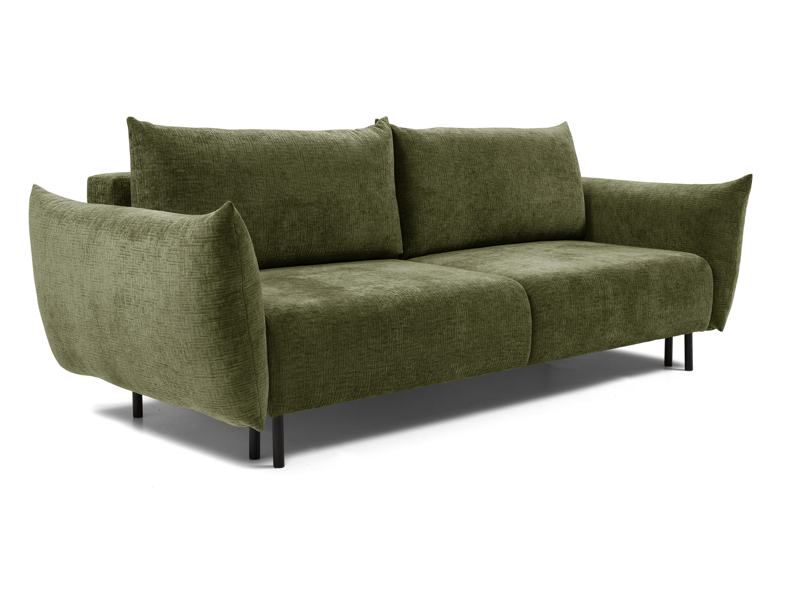 SOFA ADEL - Schlaffunktion Und Bettkasten, Wellenfederung, PUR-Schaum, Schwarze Metallfüße lose Rückenkissen, freistehend, 240x108x75 cm Olive green - Olivgrün, Holz/Textil (240/75/108cm) - DomoHome