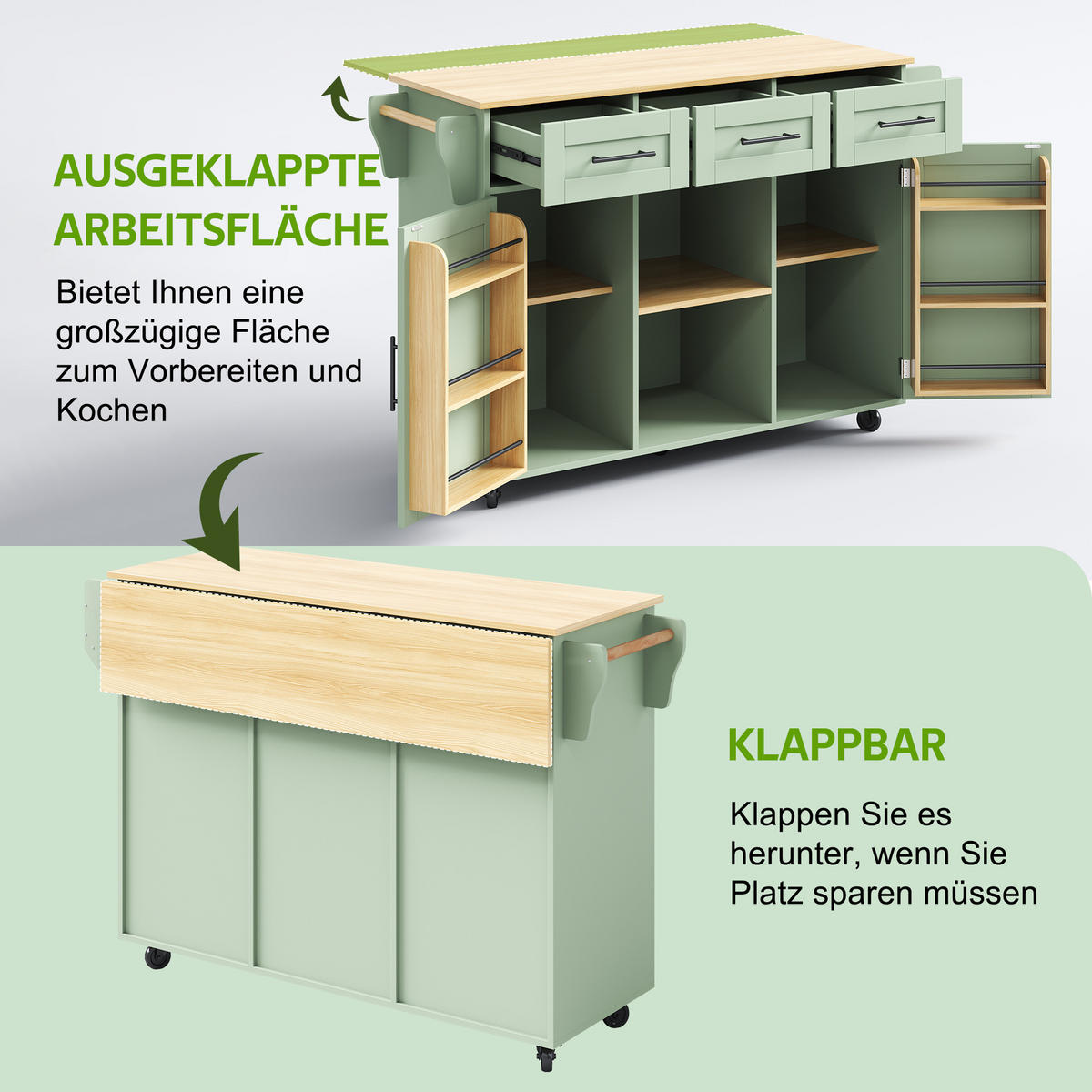 KÜCHENINSEL Antikgrün aus MDF mit klappbarer Erweiterungsplatte 139 × 46 × 91,5 cm - Grün, Holzwerkstoff (139/91.5/71cm) - Luhomfu