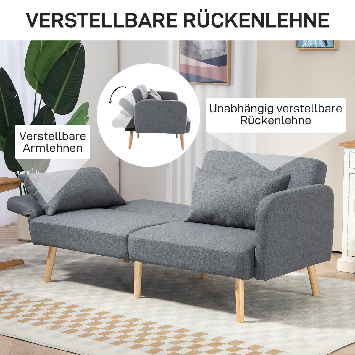 3-SITZER Schlafsofa, 2-Sitzer Klappbett mit Bettfunktion, 2 Wurfkissen Grau - Naturfarben/Grau, Holz/Textil (83/80/170cm) - HOMCOM