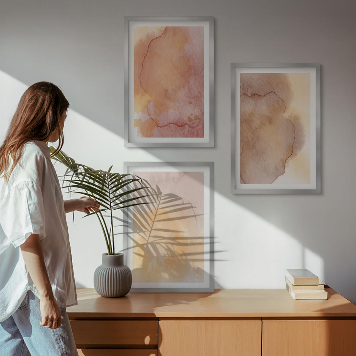WANDBILDER 3er Set - 40x60 cm Silberner Rahmen - Warme, farbenfrohe Aquarelltexturen - Silberfarben, Kunststoff (40/60cm) - ArtPrintCave