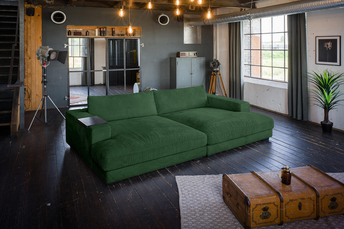 BIG SOFA MIT TABLETT SCHWARZ MADELINE Smaragdgrün Cord - Smaragdgrün/Schwarz, Kunststoff/Textil (290/85/170cm) - KAWOLA