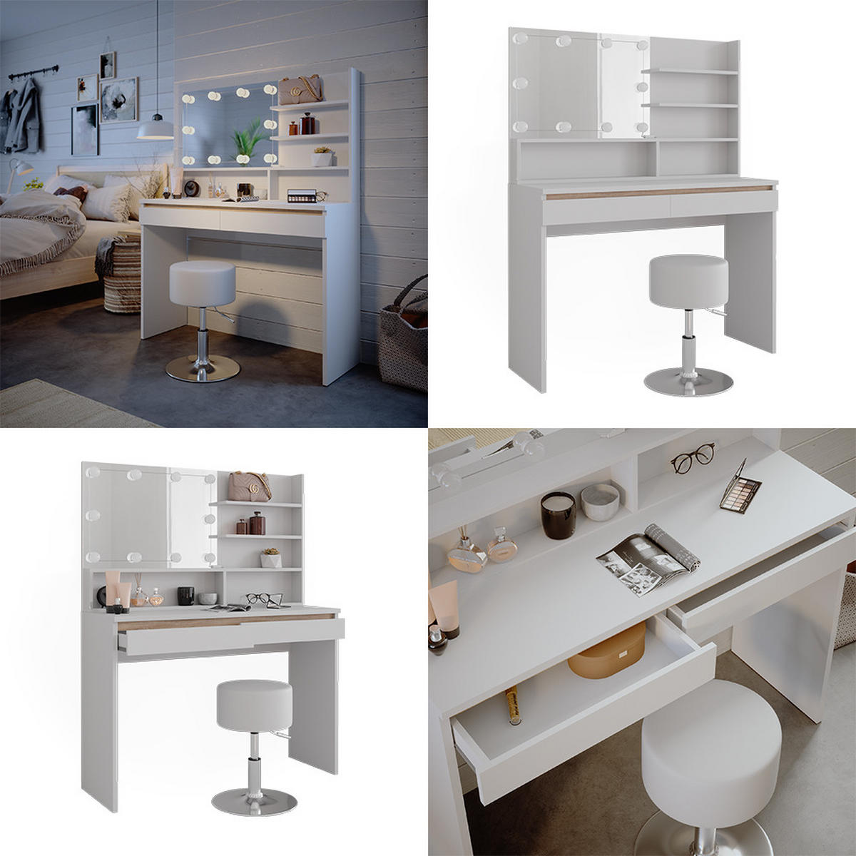 SCHMINKTISCH Emma Weiß 120 cm mit Spiegelregal, Hocker & LED-Beleuchtung - Weiß, Holzwerkstoff (120/83/41.8cm) - Vicco