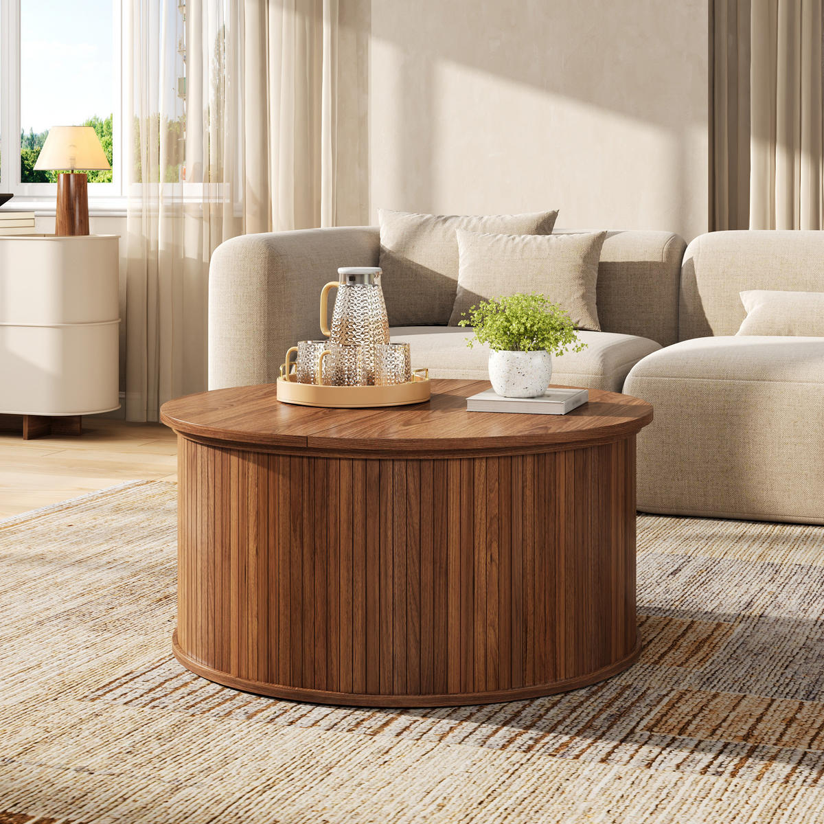 COUCHTISCH rund, MDF, höhenverstellbar mit Stauraum - Walnussfarben, Holzwerkstoff (88/88/53.5cm) - FLIEKS