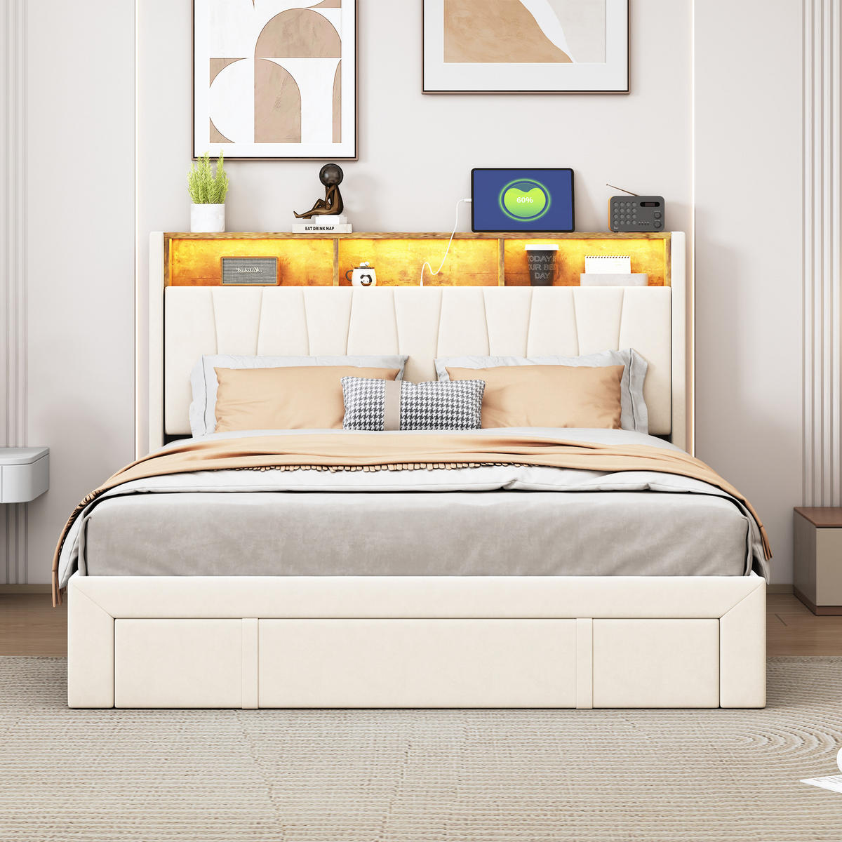 POLSTERBETT 140x200 cm, Beige, mit 3 Schubladen, USB & Typ C, LED - Beige, Textil/Metall (140/200cm)