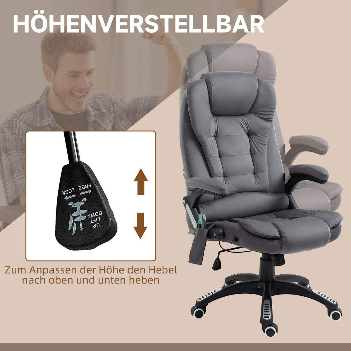 MASSAGE-BÜROSTUHL mit Wippfunktion, Schreibtischstuhl mit Heizfunktion, Grau - Dunkelgrau/Schwarz, Kunststoff/Textil (74/116/67cm) - Vinsetto