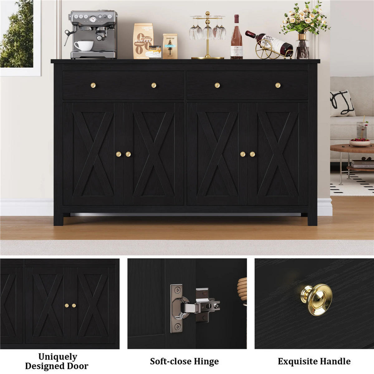 SIDEBOARD 140x89x40 cm Küchenschrank 2 Schubladen Schwarz - Schwarz, Holz (140/89/40cm) - Kaket