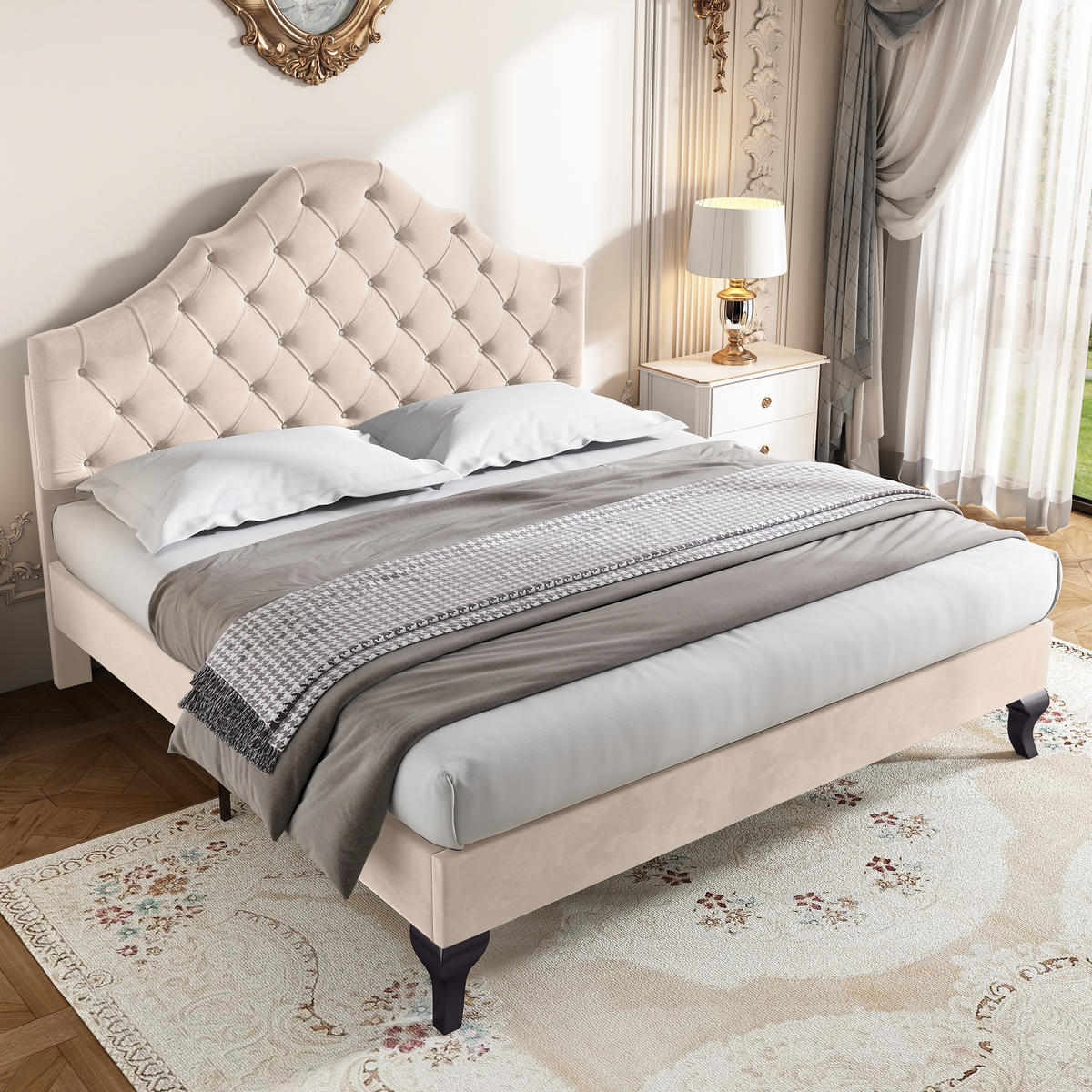POLSTERBETT 140/190 cm beige aus Samt mit höhenverstellbarem Kopfteil - Beige, Textil (140/190cm) - OKWISH