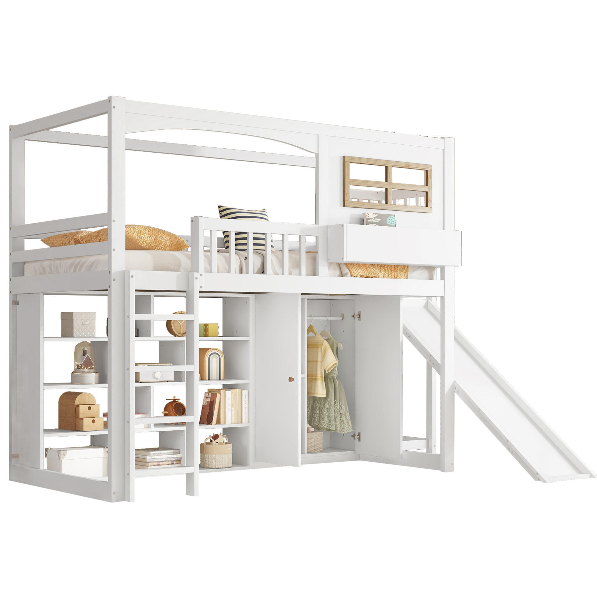 HOCHBETT 90/200 cm in Weiß/Natur mit Rutsche und Kleiderschrank - Weiß, Holzwerkstoff (90/200cm) - Flora Grace