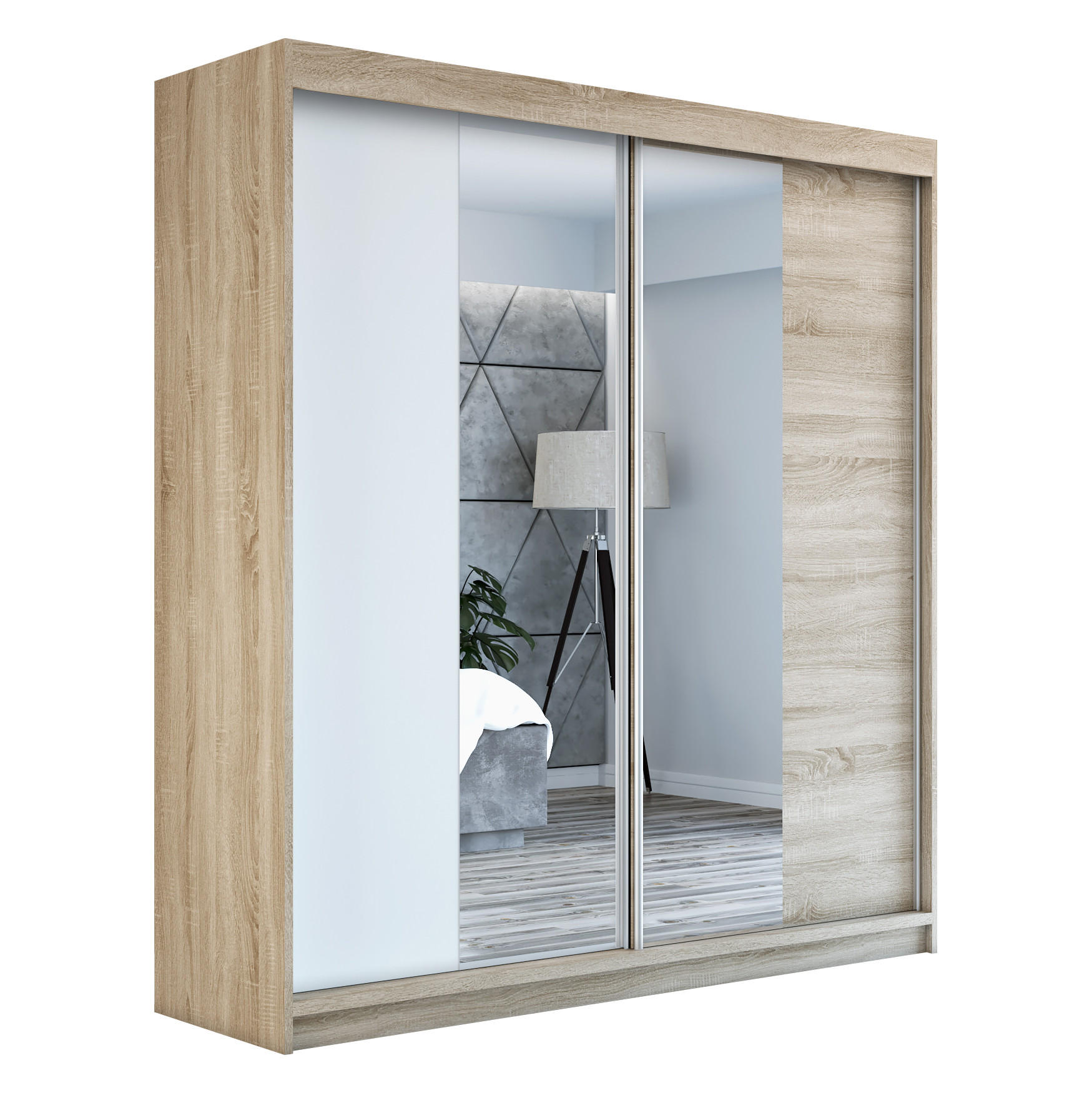 SCHWEBETÜRENSCHRANK 120 CM NEO Farbe: Sonoma / weiß / sonoma - Braun/Weiß, Holzwerkstoff (120/215/59.5cm) - A&J MöbelLand