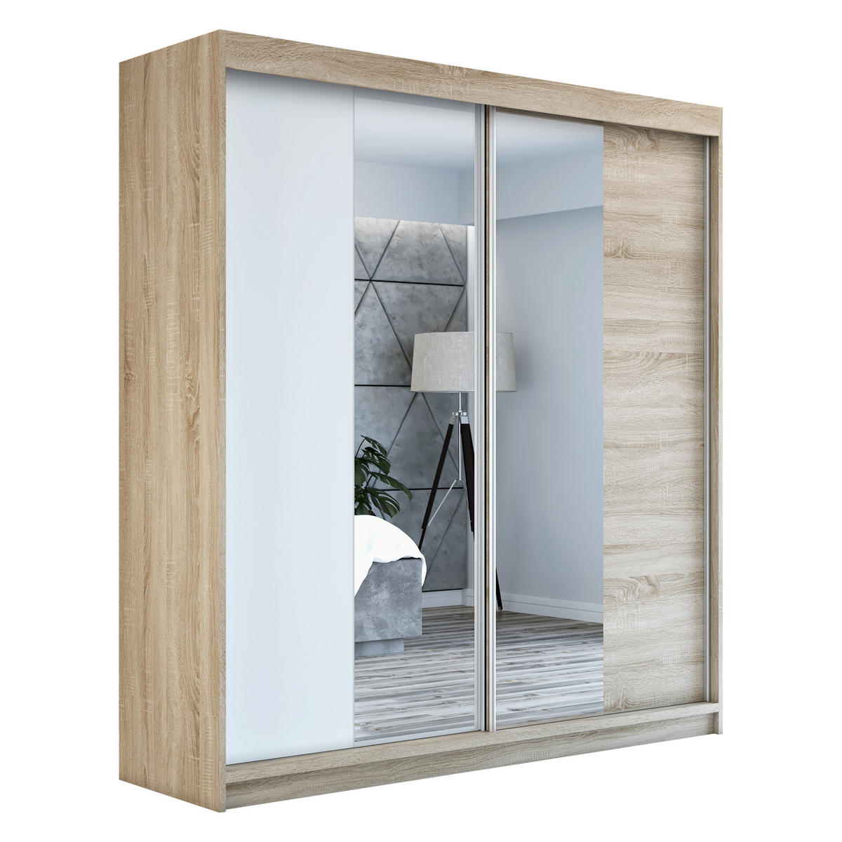 SCHWEBETÜRENSCHRANK 160 CM NEO Farbe: Sonoma / weiß / sonoma - Braun/Weiß, Holzwerkstoff (160/215/59.5cm) - A&J MöbelLand