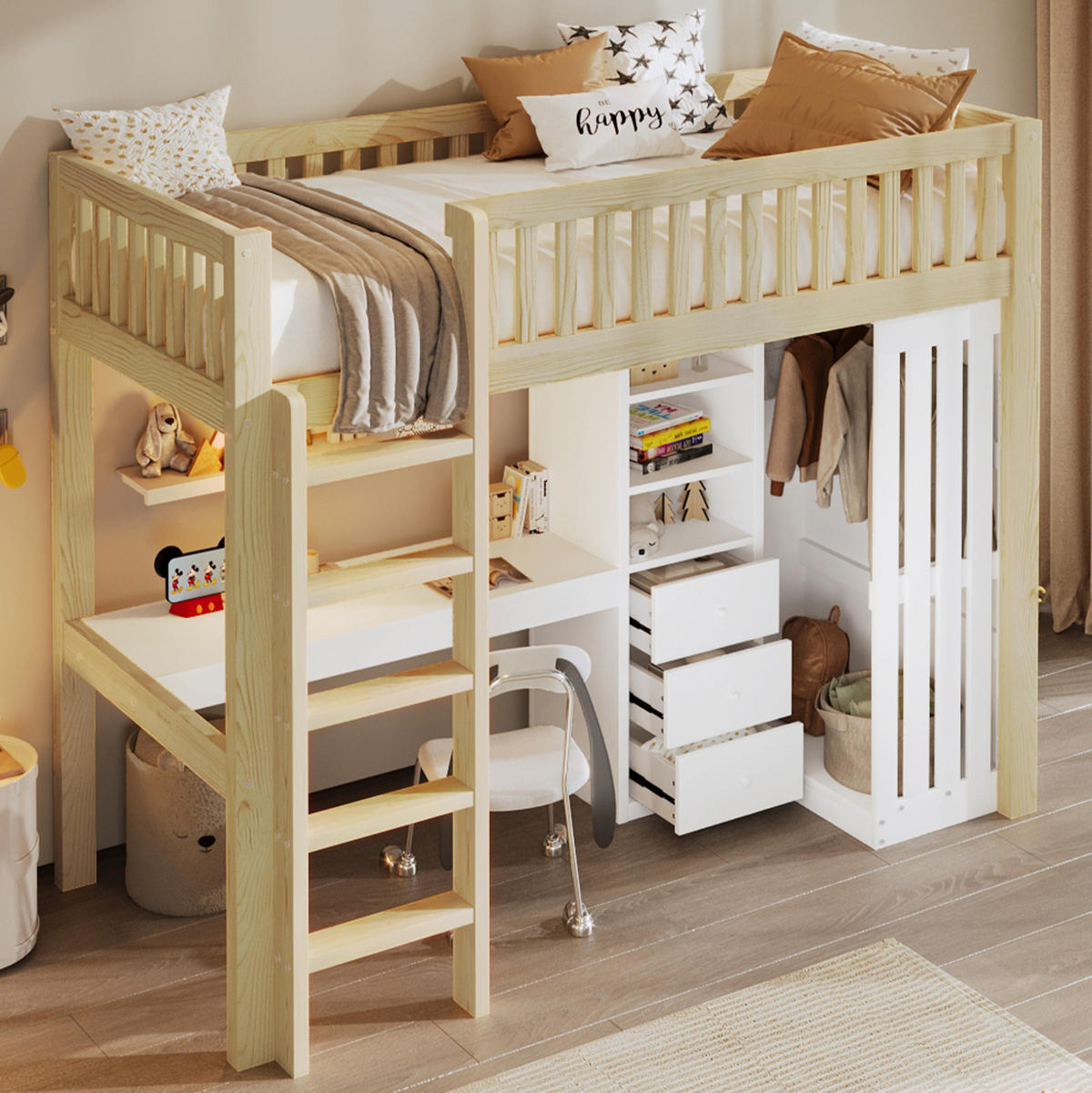 HOCHBETT aus Kiefernholz und MDF 90x200 cm Natur mit Schreibtisch, Kleiderschrank, 3 Schubladen und Treppe - Naturfarben, Holzwerkstoff (140/200cm) - Modfu