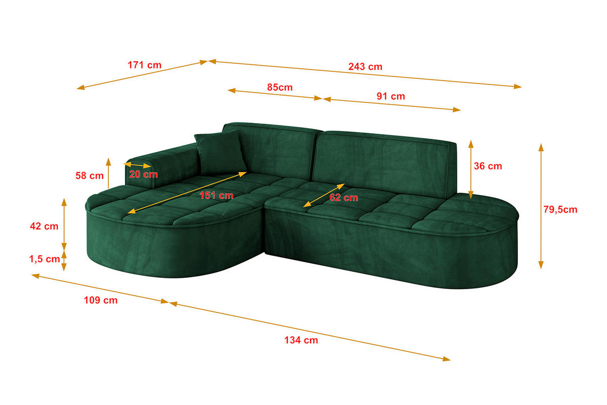 ECKSOFA Ottomane Links TARO-L1 - 243x171x79,5 cm Dunkelgrün - Grün, Holzwerkstoff/Textil (243/171cm) - ALTDECOR