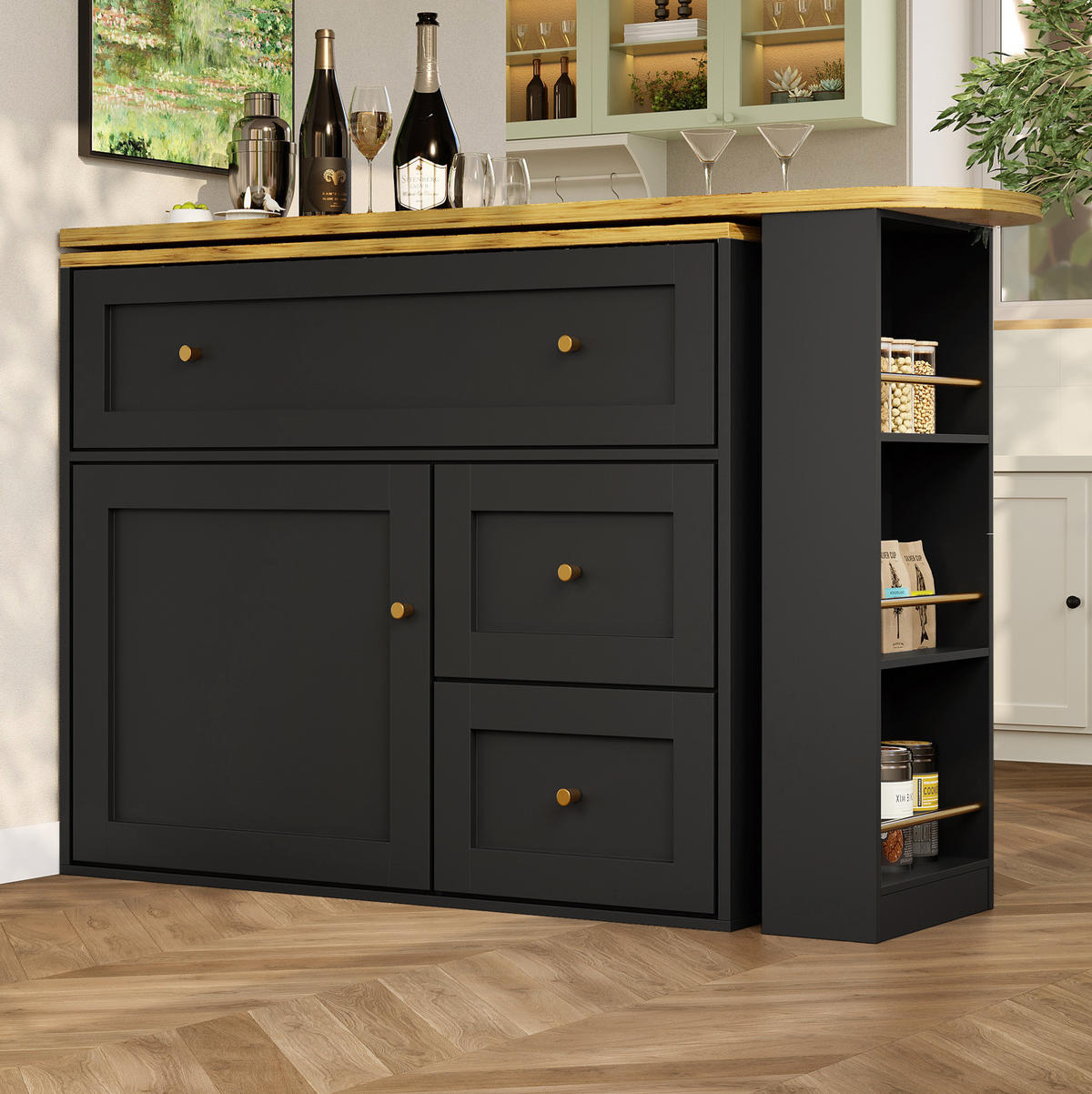 BAROVÝ stůl z MDF a kovu 138-204x39x105 cm černý s úložným prostorem a 360° otočnou deskou - černá, kompozitní dřevo (204/105/39cm) - Modfu
